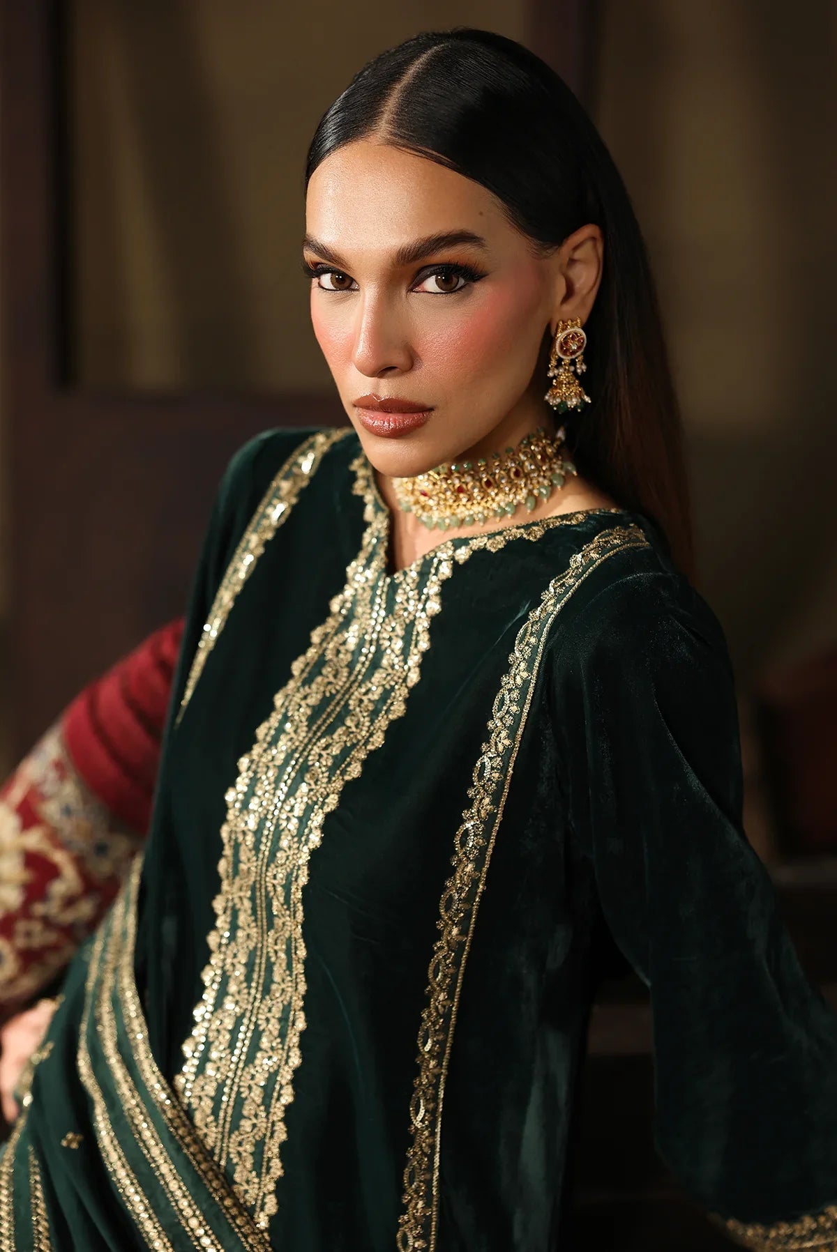 Dark Green Micro Velvet Embroidered Suit | Ready to Wear