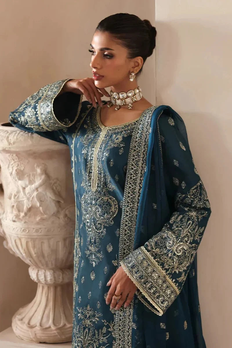Deep Midnight Teal & Gold: Embroidered Chiffon Suit