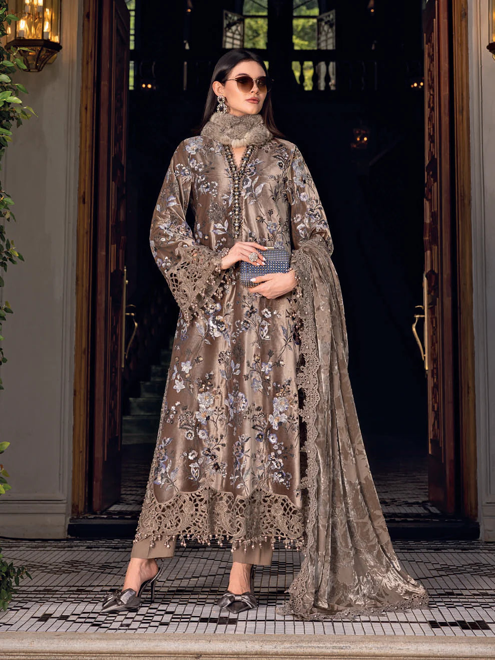 Taupe Micro 9000 Velvet Embroidered Festive Suit | RTW