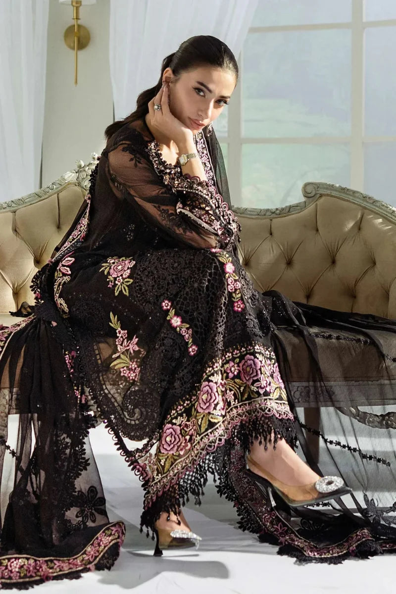 Jet Black & Blush Pink Accent: Embroidered Chiffon Suit