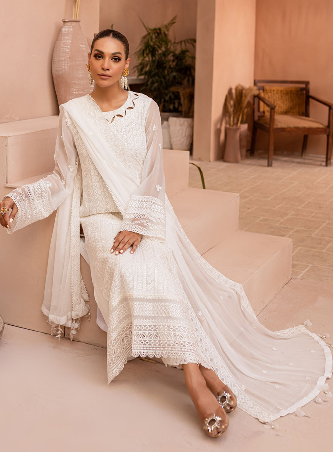 3-Piece Semi Pure Chiffon Embroidered Suit - Ready To Wear
