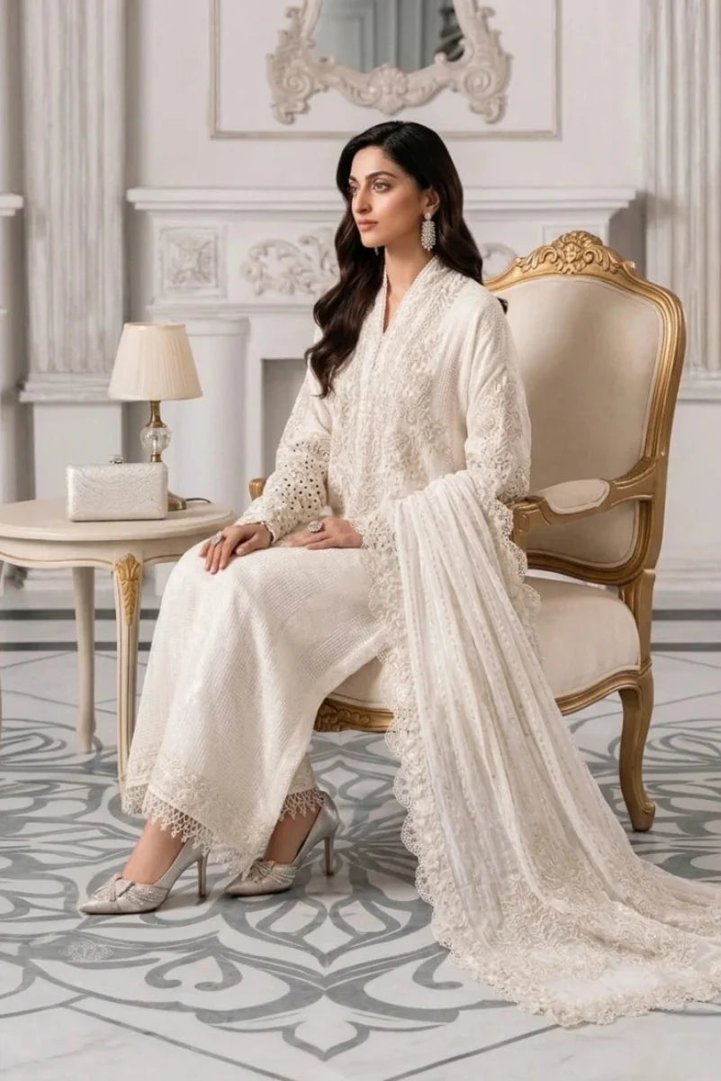 Pristine Ivory & Pearl White Embroidered Chiffon Suit | Ready To Wear