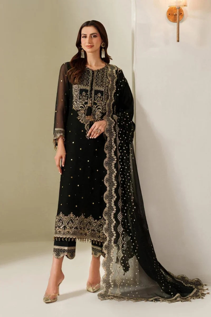 Midnight Black Heavy Embroidered Chiffon 3-Piece Ready-to-Wear