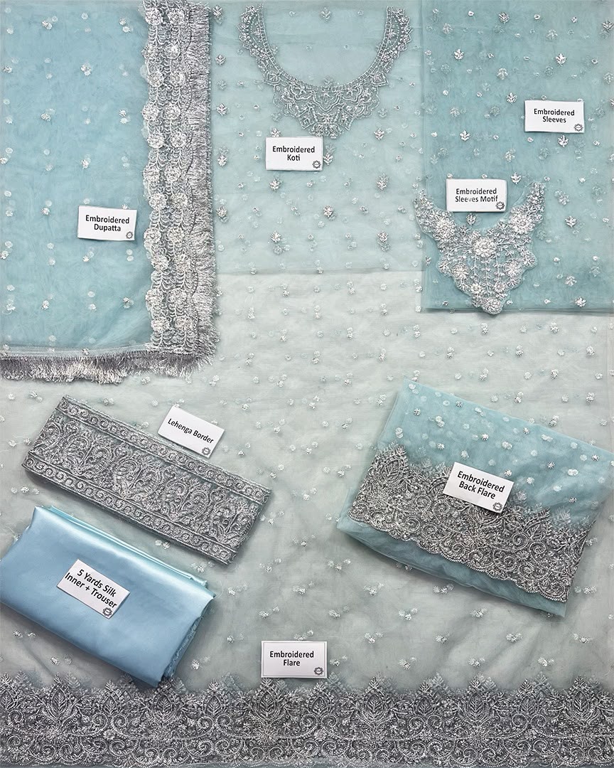 Luxurious Ice Blue Net Lehenga Choli Style Suit with Koti |RTW