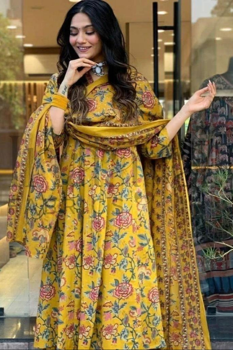 Cotton Anarkali 3Pcs Kurti & Palazzo Set with Dupatta | Ready To Wear