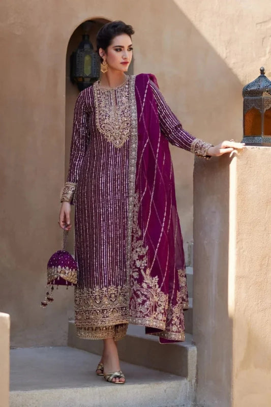 Royal Plum & Metallic Gold: Embroidered Chiffon Suit