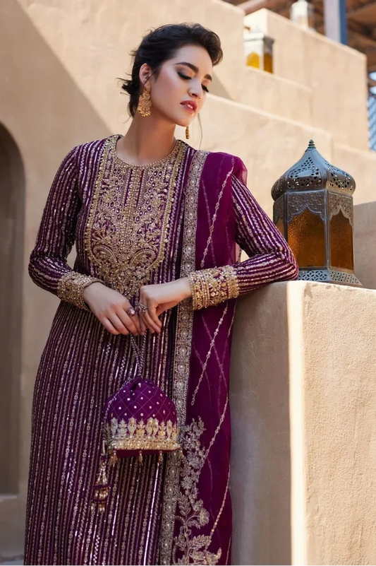Royal Plum & Metallic Gold: Embroidered Chiffon Suit