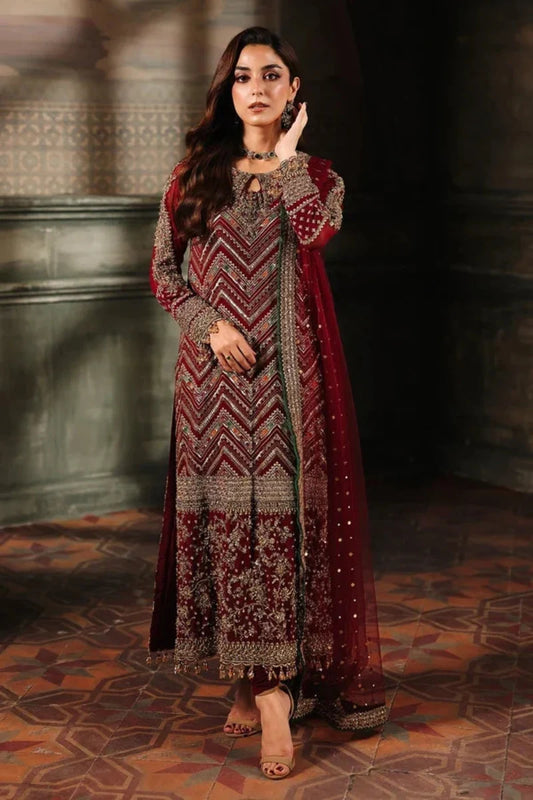 Maroon & Antique Gold: Embroidered Chiffon Suit
