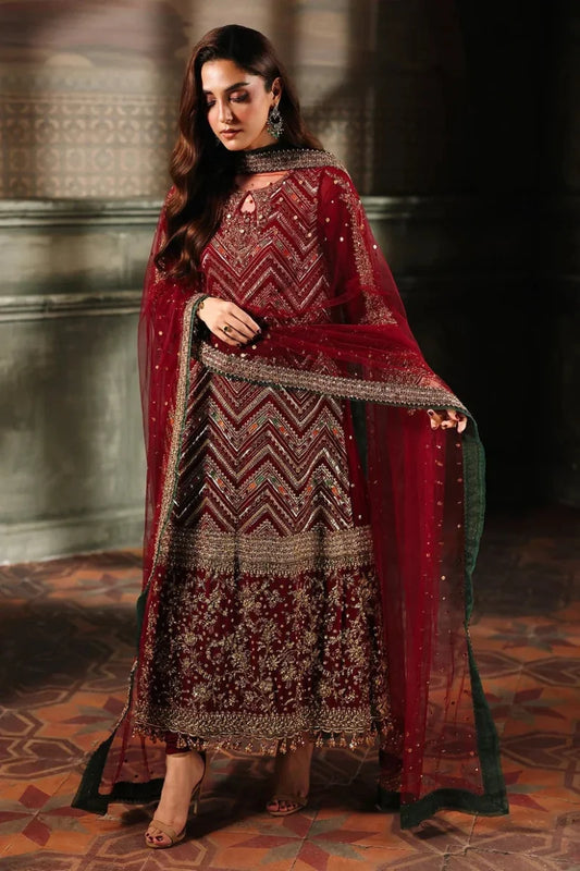 Maroon & Antique Gold: Embroidered Chiffon Suit