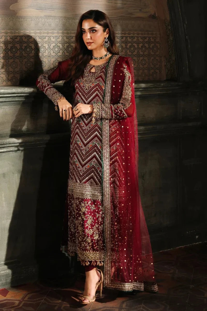 Maroon & Antique Gold: Embroidered Chiffon Suit