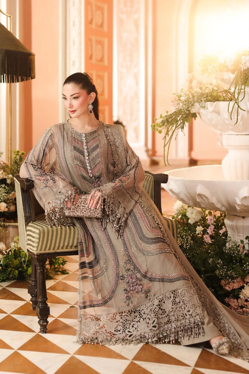 Taupe Beige Chiffon Embroidered 3-Piece Suit | Ready to Wear