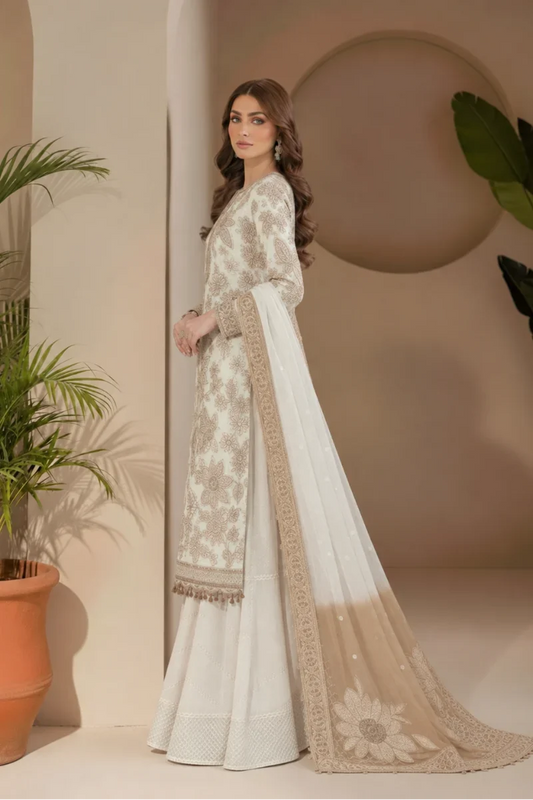 Ivory Chiffon Embroidered 3-Piece Suit with Printed Net Dupatta