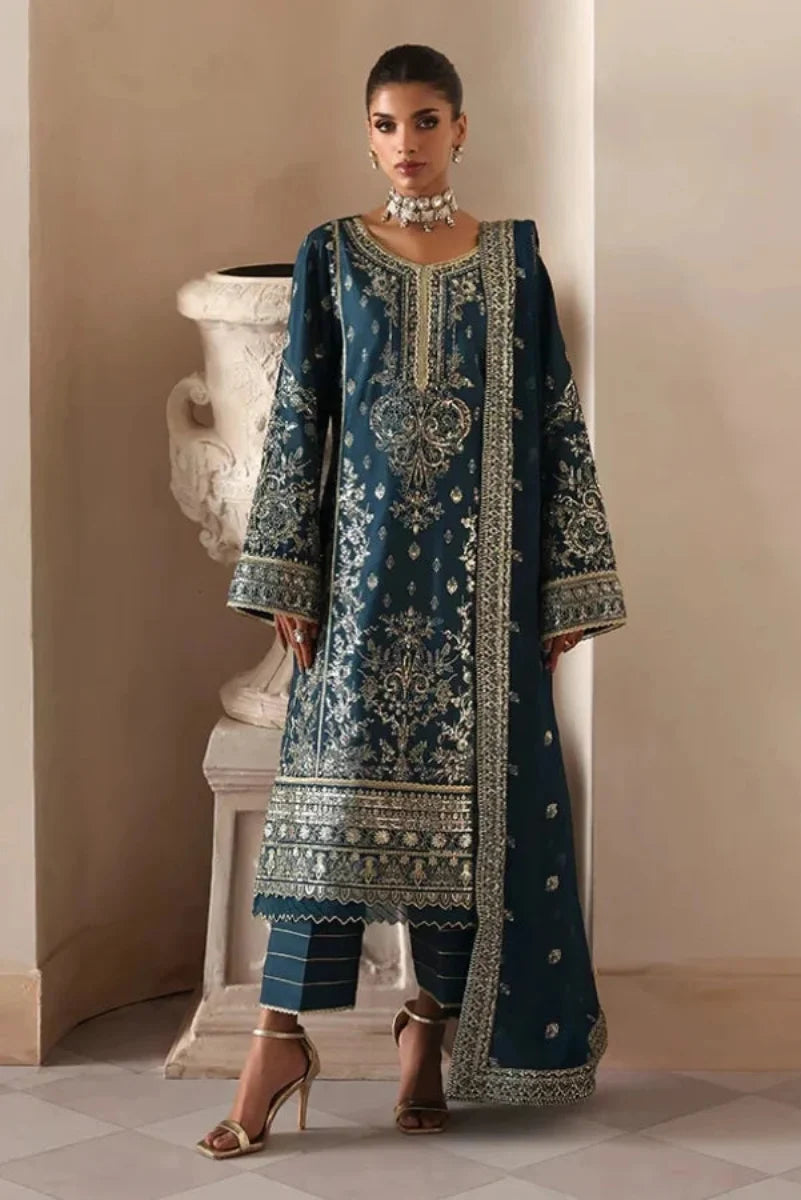 Deep Midnight Teal & Gold: Embroidered Chiffon Suit
