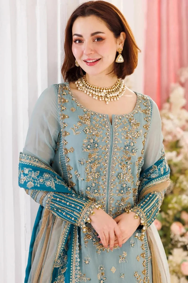 Pastel Ice Blue: Embroidered Chiffon Suit | Ready To Wear