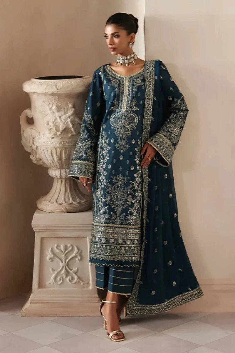 Deep Midnight Teal & Gold: Embroidered Chiffon Suit