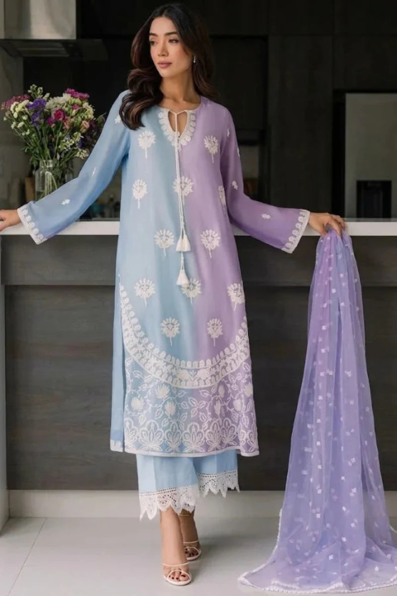 Pastel Sky & Soft Lilac Dual-Tone: Embroidered Chiffon Suit