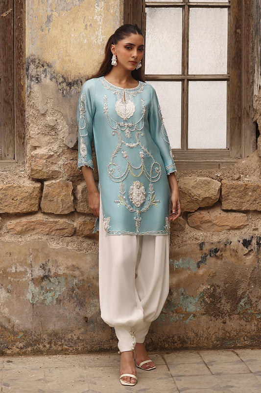 Celeste Azure Raw Silk Addawork Festive Suit | RTW