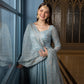 Ready to Wear Blue Embroidered Net Long Gown and Lehenga Set with Pouch