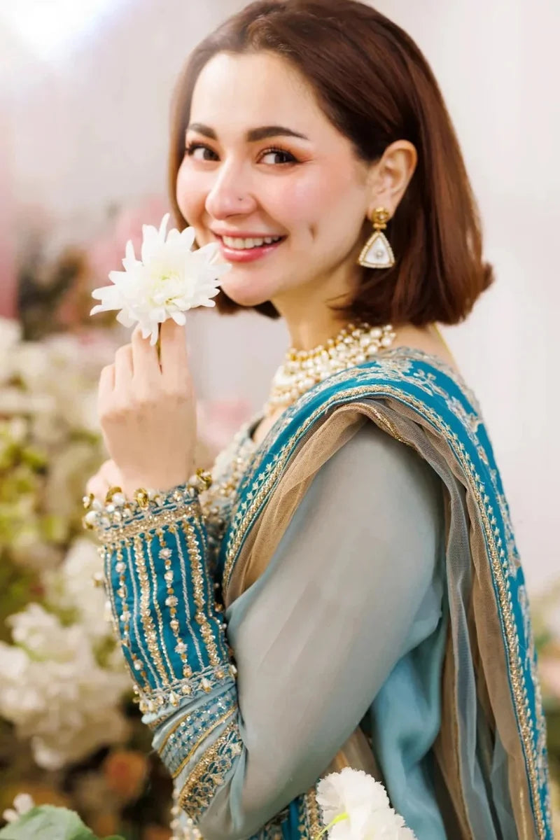 Pastel Ice Blue: Embroidered Chiffon Suit | Ready To Wear