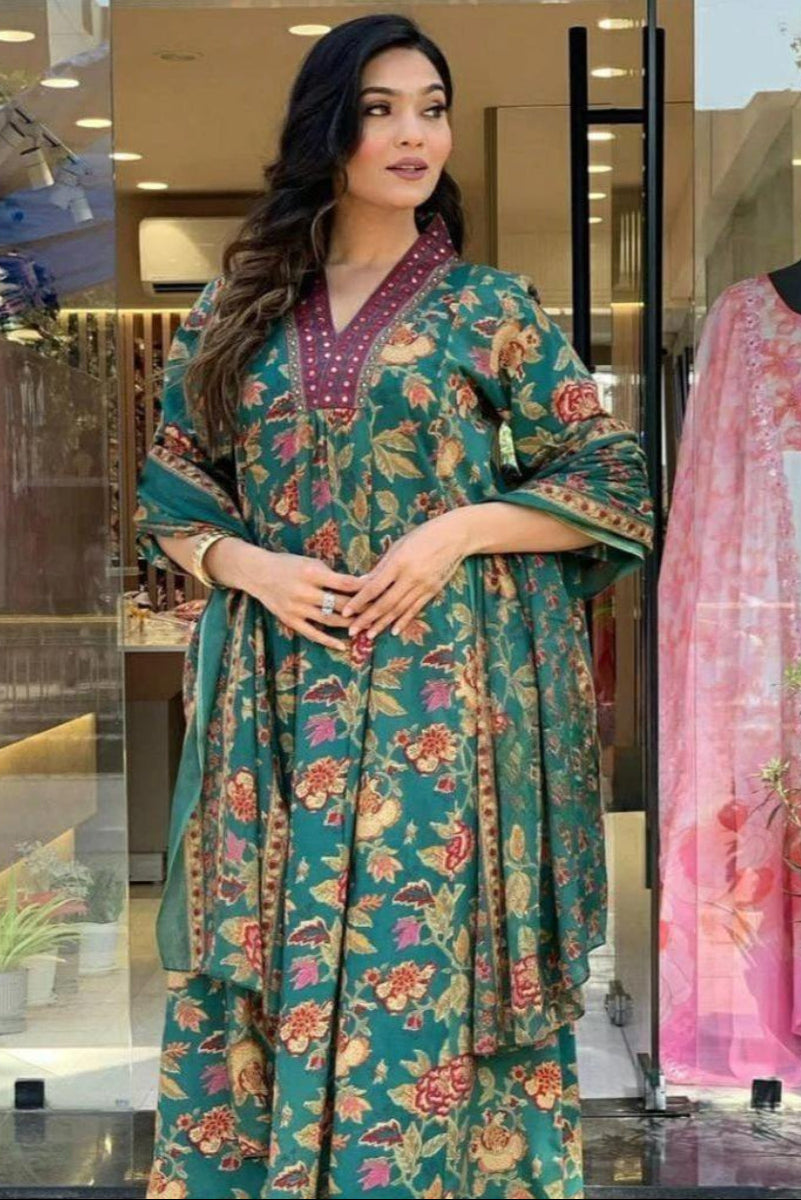 Cotton Anarkali 3Pcs Kurti & Palazzo Set with Dupatta | Ready To Wear