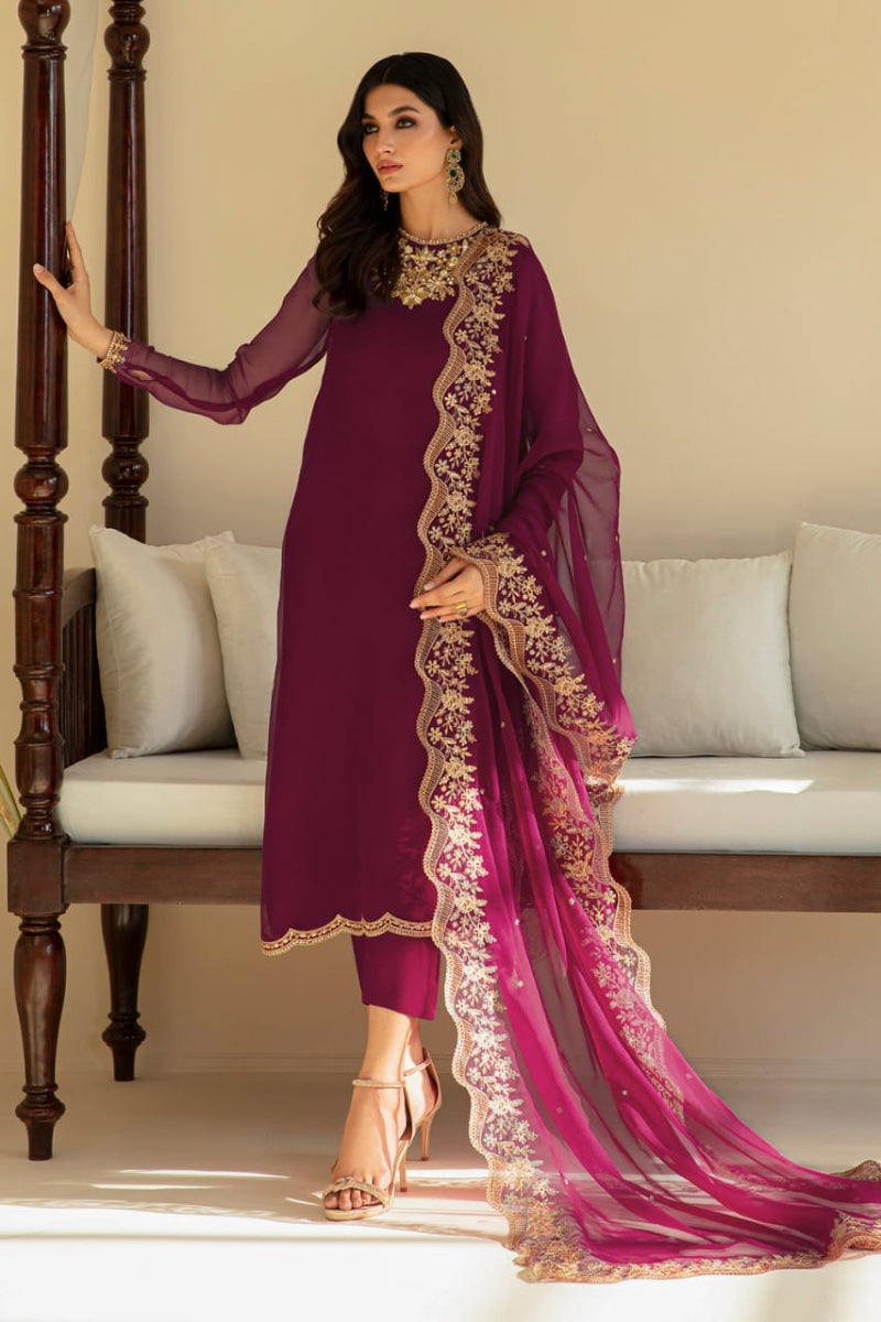 Deep Plum Embroidered Chiffon Suit with Addawork | Ready to Wear