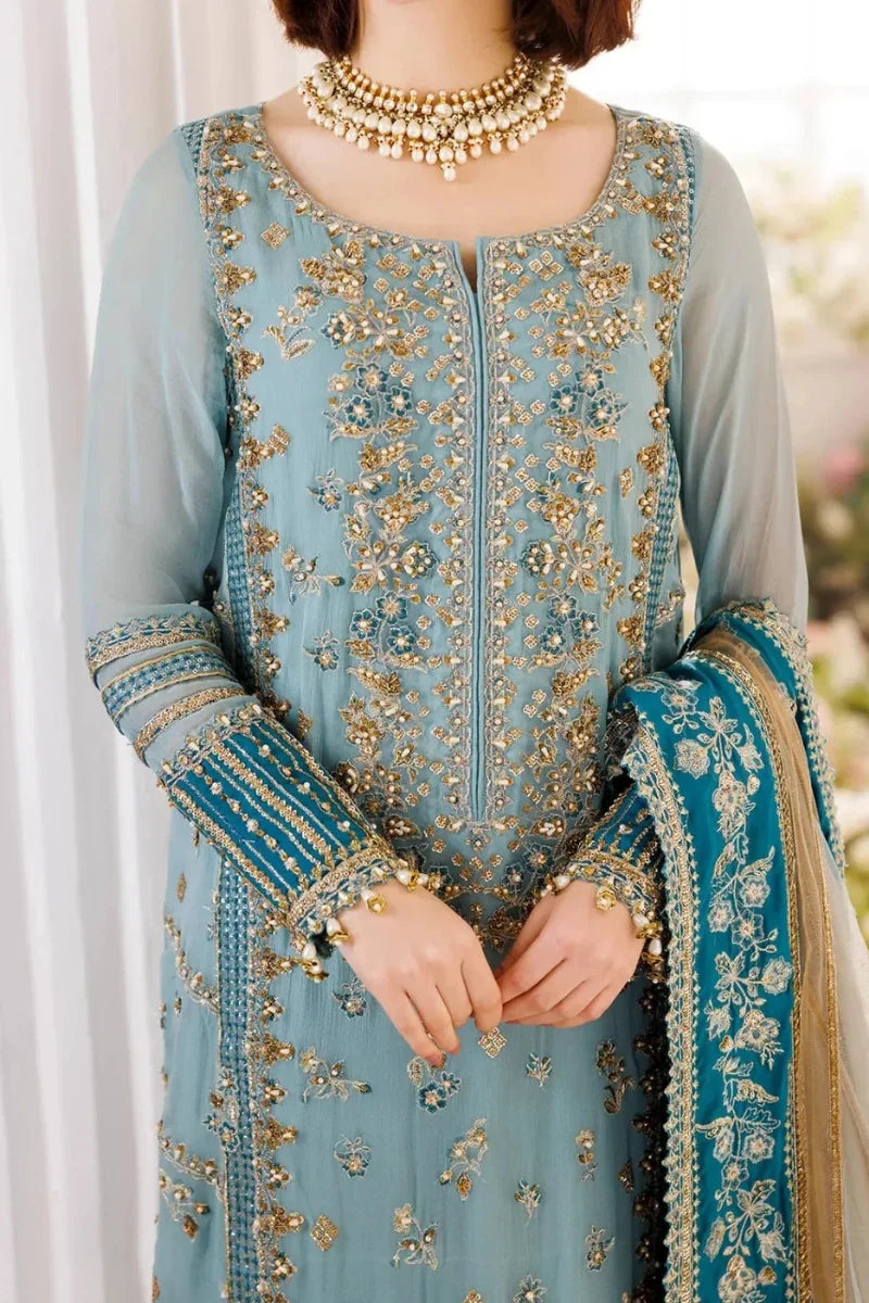 Pastel Ice Blue: Embroidered Chiffon Suit | Ready To Wear