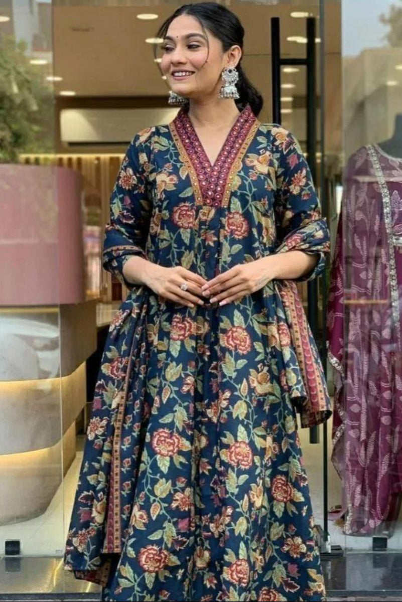 Cotton Anarkali 3Pcs Kurti & Palazzo Set with Dupatta | Ready To Wear