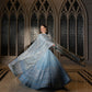 Ready to Wear Blue Embroidered Net Long Gown and Lehenga Set with Pouch