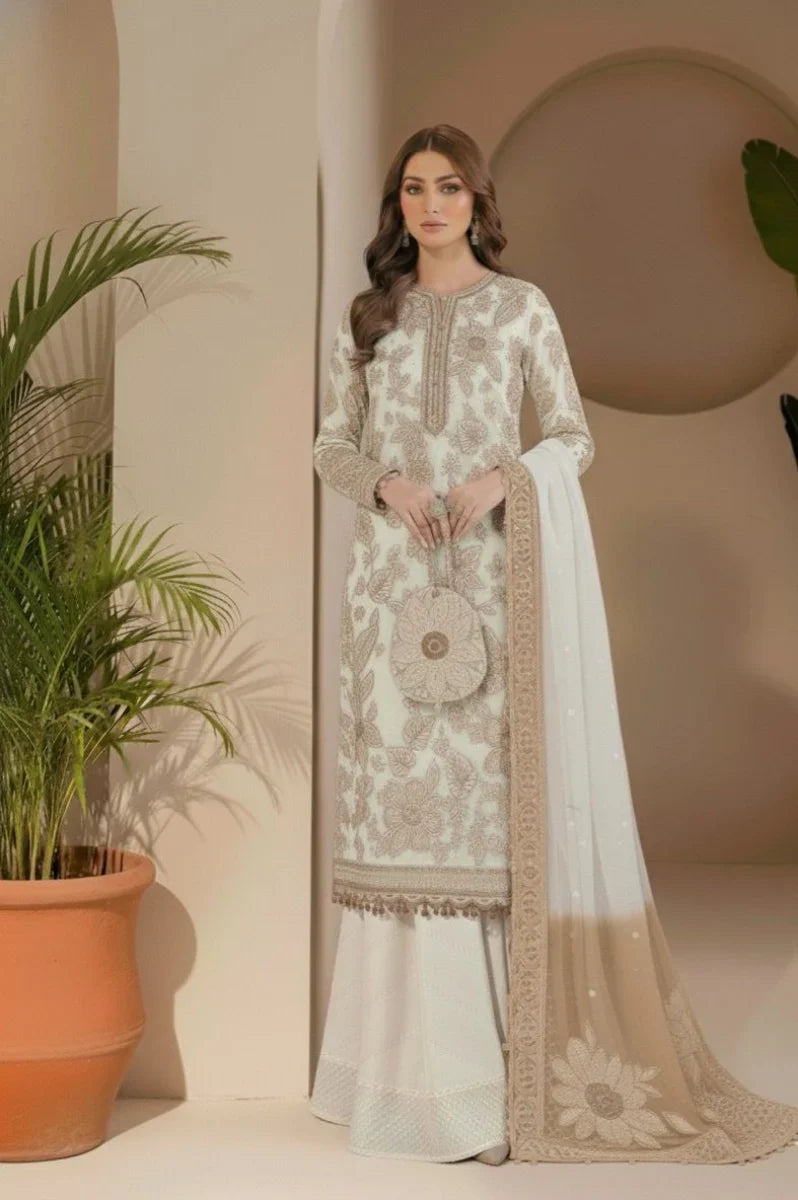 Ivory Chiffon Embroidered 3-Piece Suit with Printed Net Dupatta