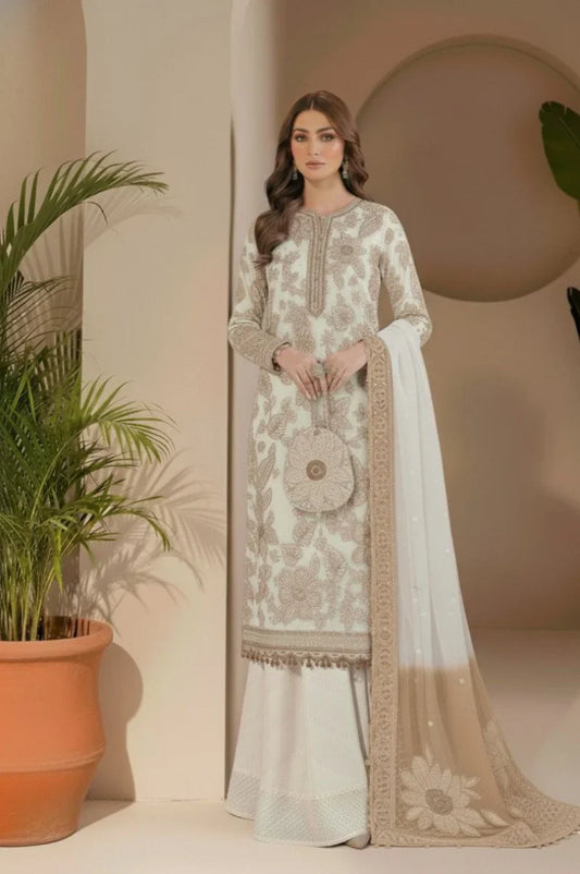 Ivory Chiffon Embroidered 3-Piece Suit with Printed Net Dupatta