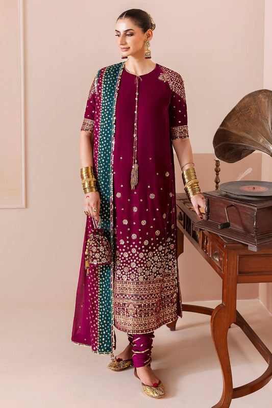 03-Piece Plain Velvet Embroidered Suit With Chiffon Dupatta