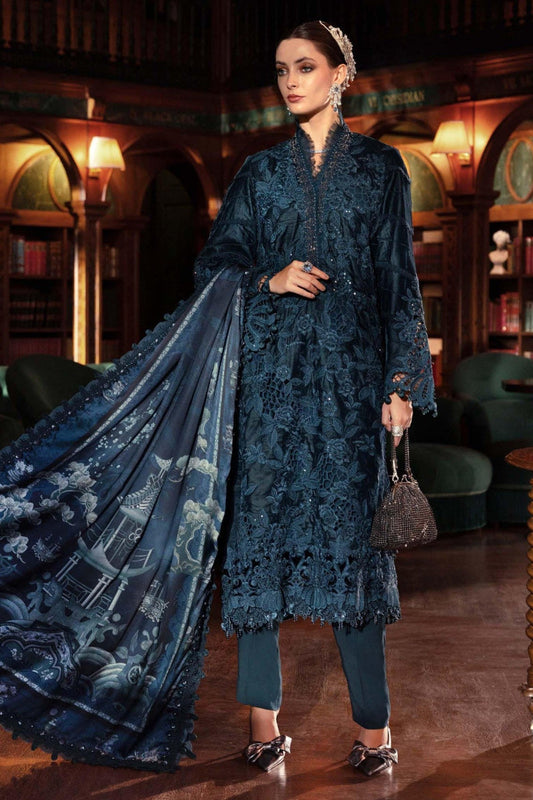 Teal Blue Velvet Long Shirt Embroidered Festive Suit |RTW
