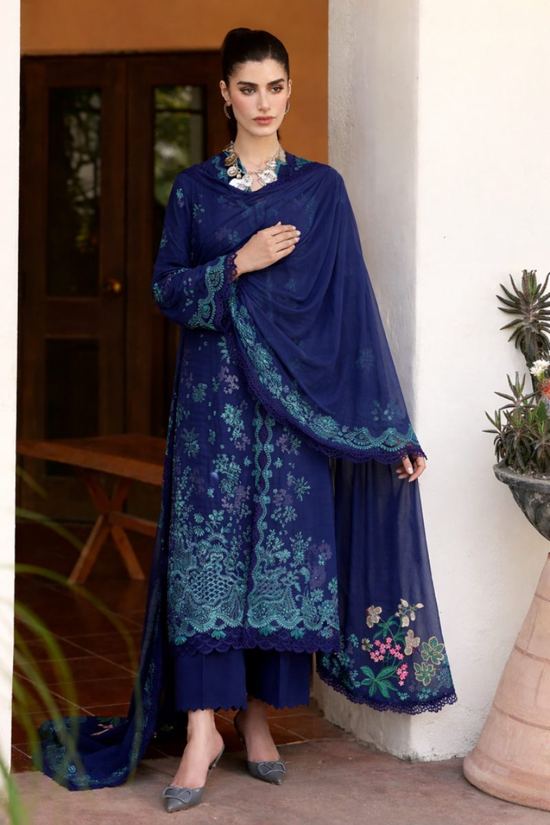 Royal Blue Egyptian Lawn & Semi Pure Chiffon Embroidered Suit | read to wear