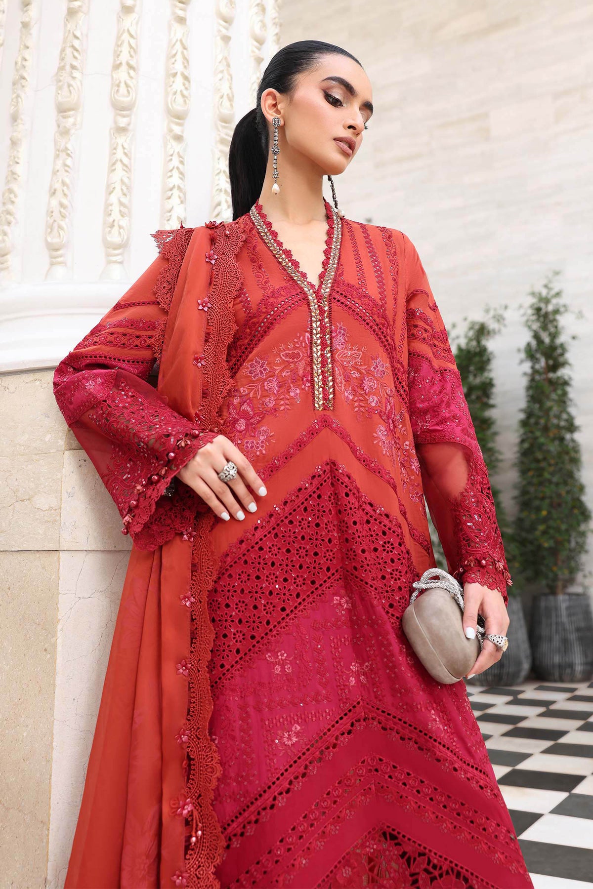 Rust Red Embroidered Chikankari Lawn Suit |Ready to Wear