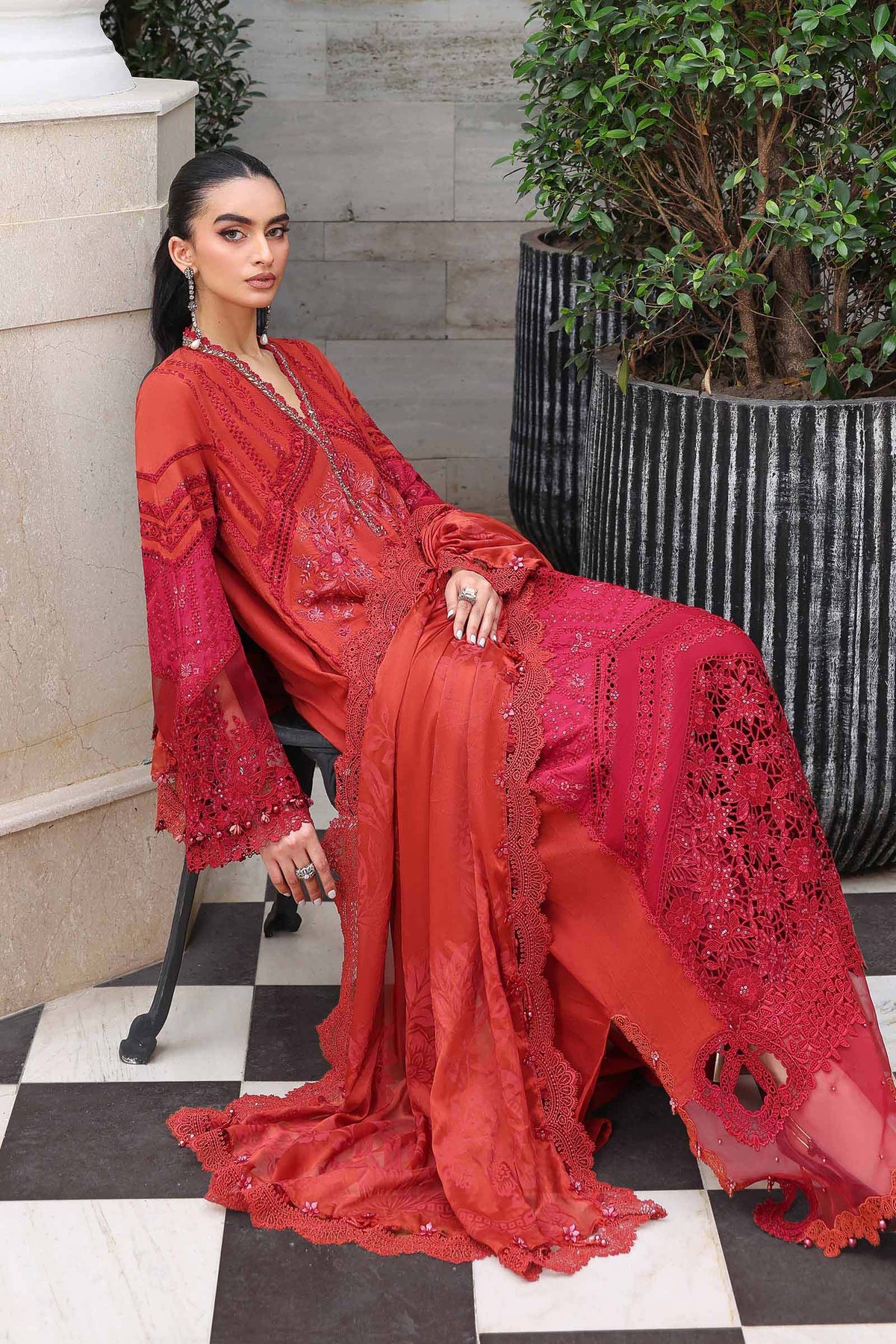 Rust Red Embroidered Chikankari Lawn Suit |Ready to Wear