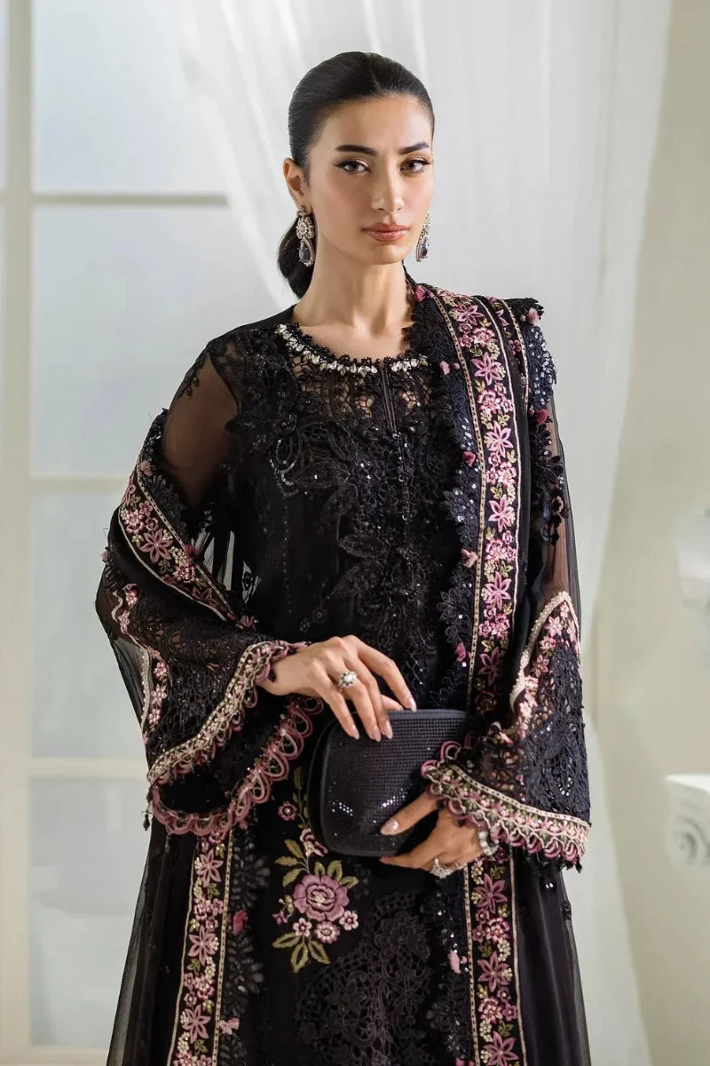 Jet Black & Blush Pink Accent: Embroidered Chiffon Suit