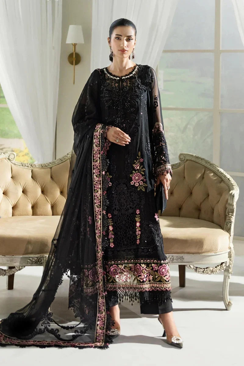 Jet Black & Blush Pink Accent: Embroidered Chiffon Suit