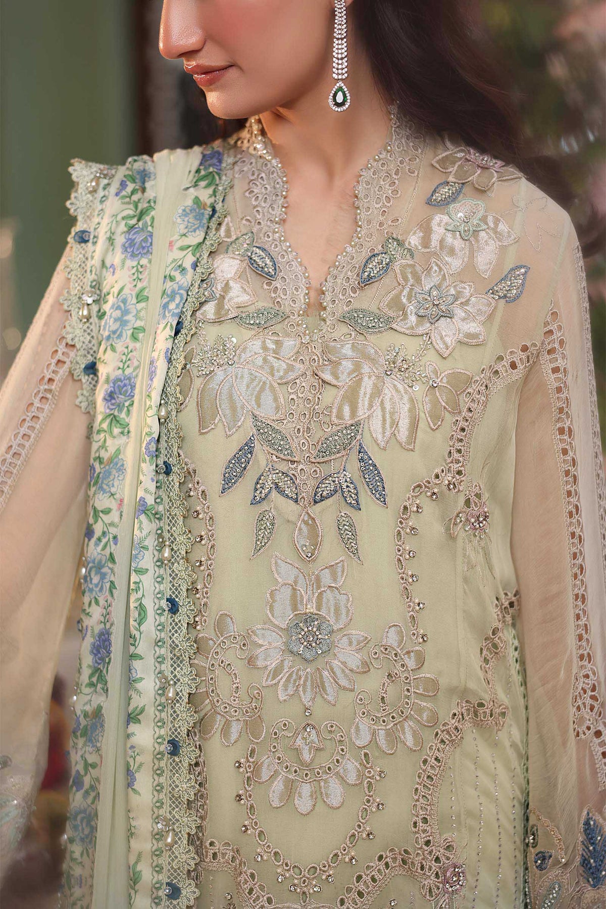 Mint Green Embroidered Chiffon Suit with Digital Printed Dupatta |RTW