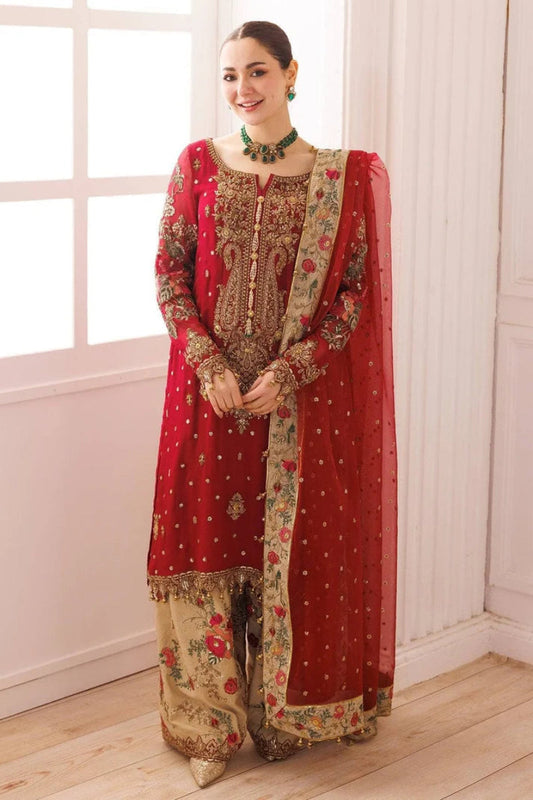Red and Gold Embroidered Semi Pure Chiffon Suit | Ready to Wear
