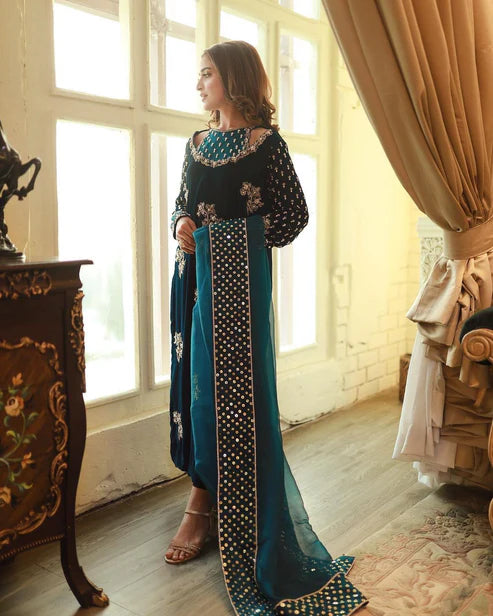 03-Piece Velvet Embroidered Suit With Organza Dupatta