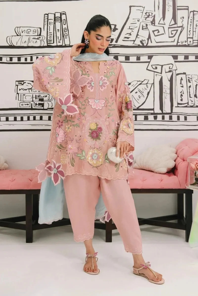 Pastel Pink & Ice Blue Accent: Embroidered Cotton Suit | Ready To Wear
