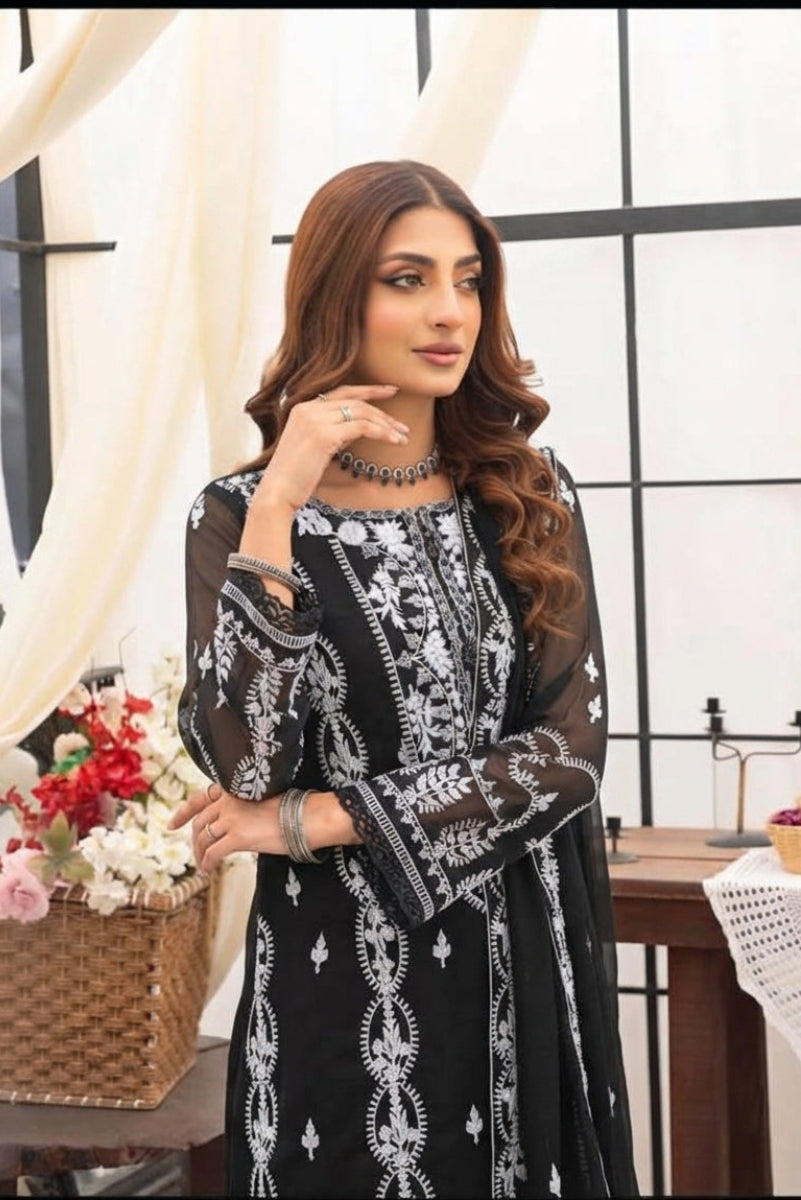 Black Chiffon Heavy Embroidered Spangle Work Suit | Ready TO Wear