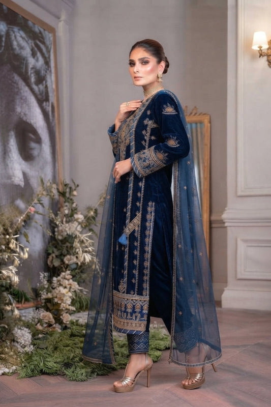 Royal Blue Heavy Embroidered Velvet Suit | Ready To Wear