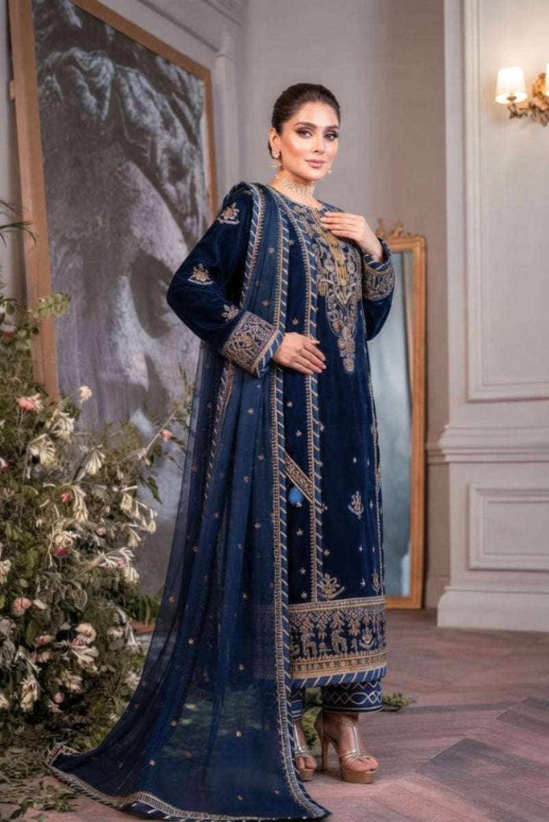Royal Blue Heavy Embroidered Velvet Suit | Ready To Wear