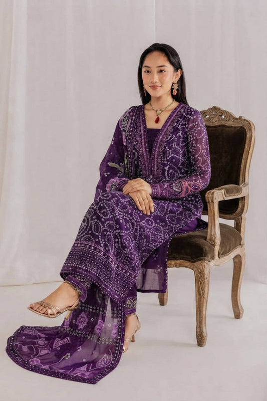 Rich Jewel Purple & White: Printed Chiffon Suit