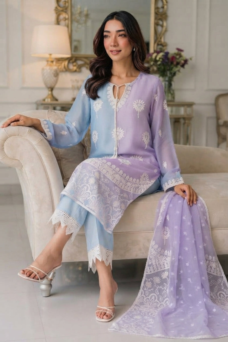 Pastel Sky & Soft Lilac Dual-Tone: Embroidered Chiffon Suit