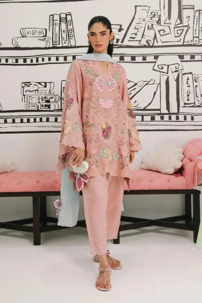Pastel Pink & Ice Blue Accent: Embroidered Cotton Suit | Ready To Wear