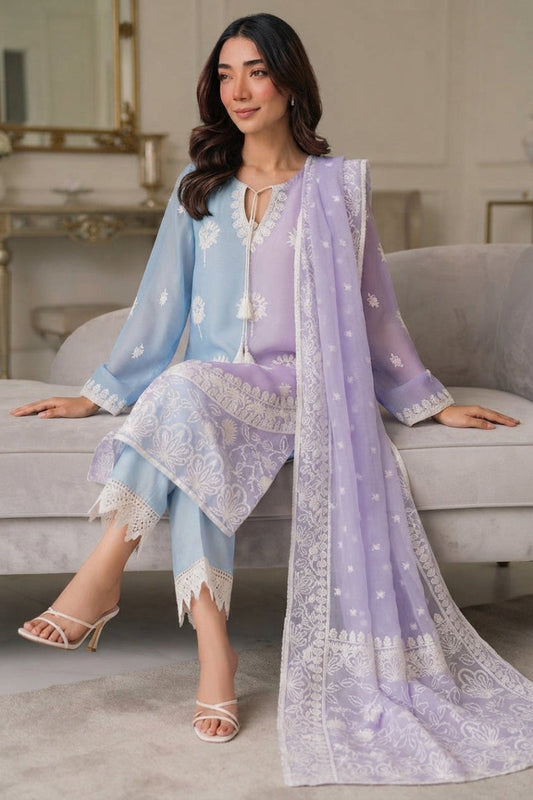 Pastel Sky & Soft Lilac Dual-Tone: Embroidered Chiffon Suit