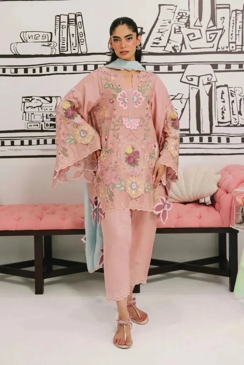 Pastel Pink & Ice Blue Accent: Embroidered Cotton Suit | Ready To Wear
