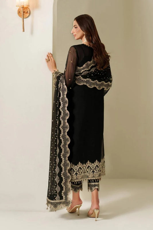 Midnight Black Heavy Embroidered Chiffon 3-Piece Ready-to-Wear